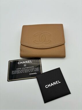Chanel Tan caviar Leather CC timeless Compact Wallet with card